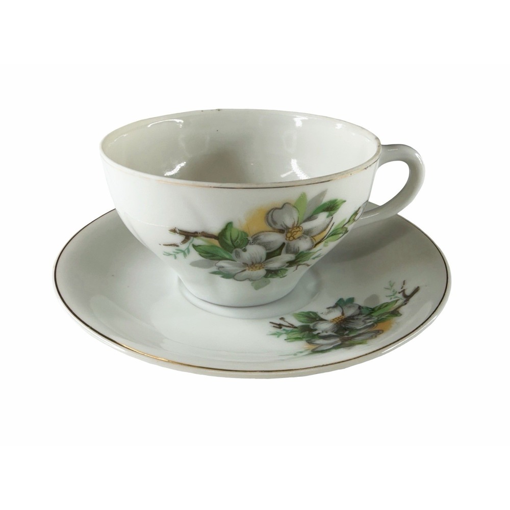 Vintage Japan Dogwood Floral Tea Cup & Saucer Set White Gold Trim Porcelain Rare - Picture 2 of 10